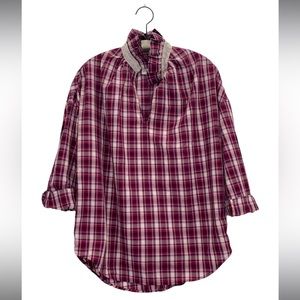 A Shirt Thing Penelope Plaid - Berry Ruffle Collar Cotton Pop Over Blouse Small